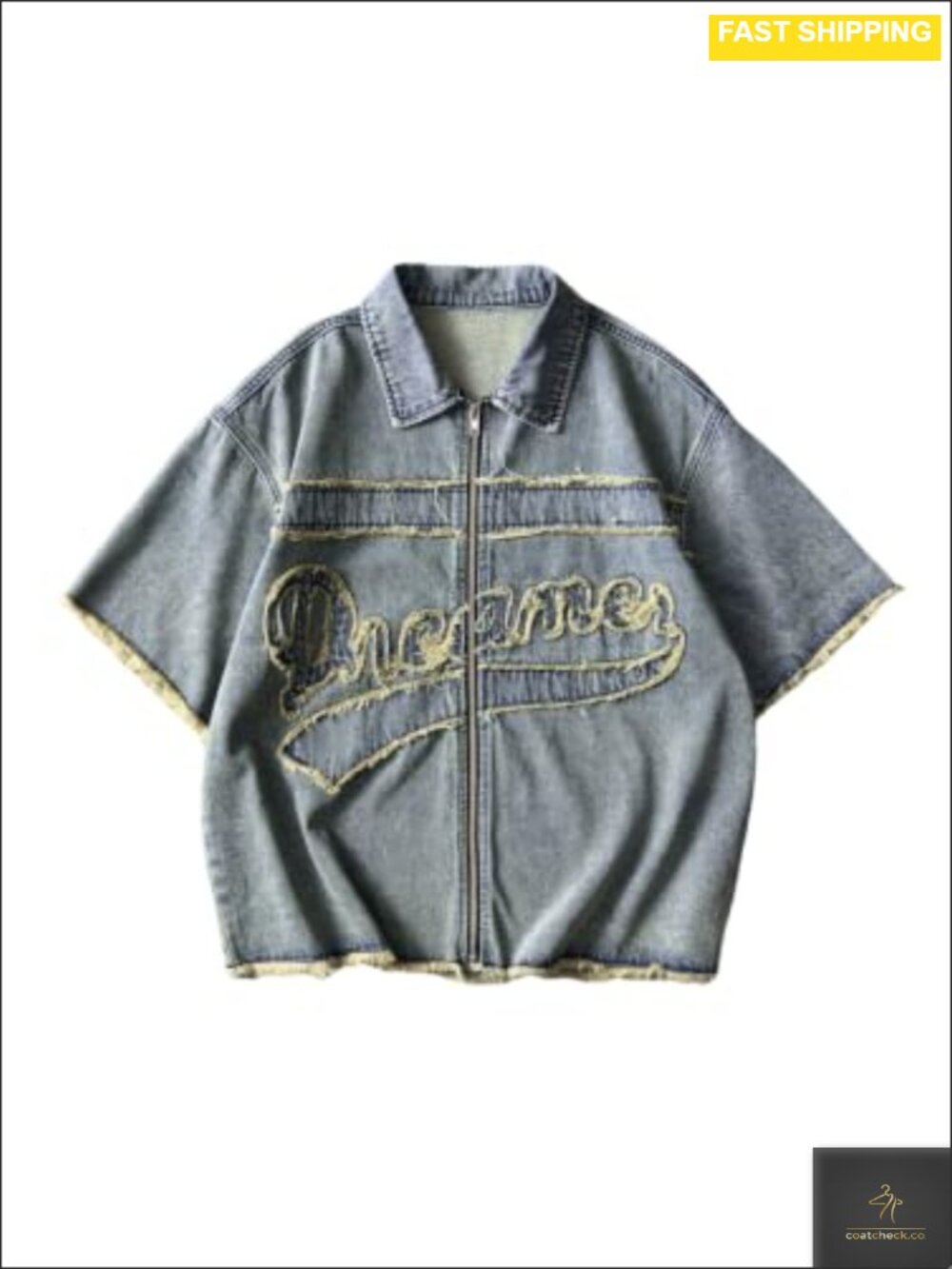 Men's Y2K Denim Jacket Short Sleeve Zip Up Raw Hem Streetwear